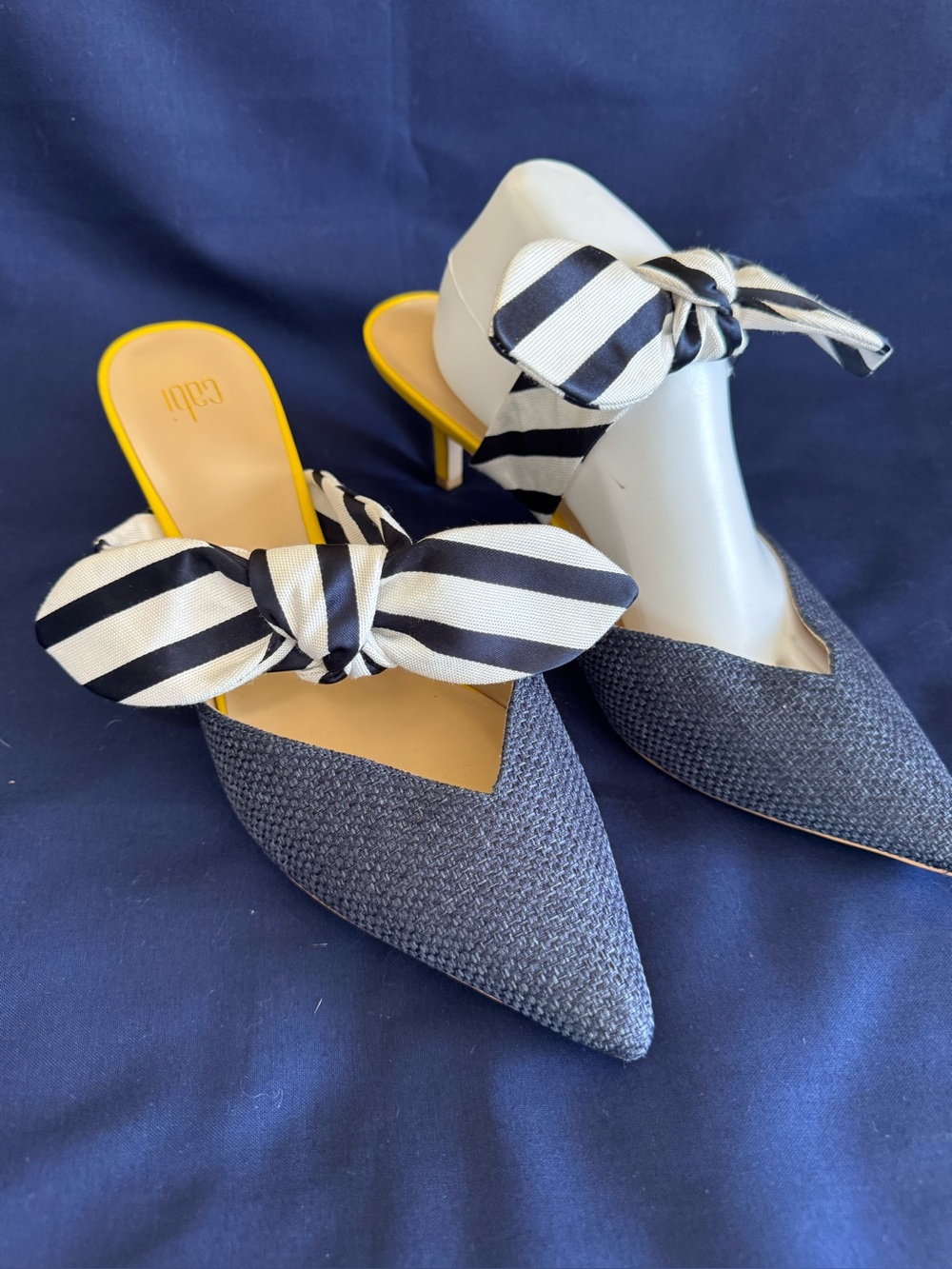 CAbi Navy Textured Pointed Mules with Navy-and-White Striped Bow